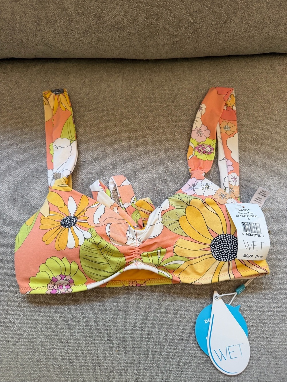 WET Haven Retro Floral Bikini Top S NWT Tie Back Cutout Swim MSRP $78 - Picture 2 of 6